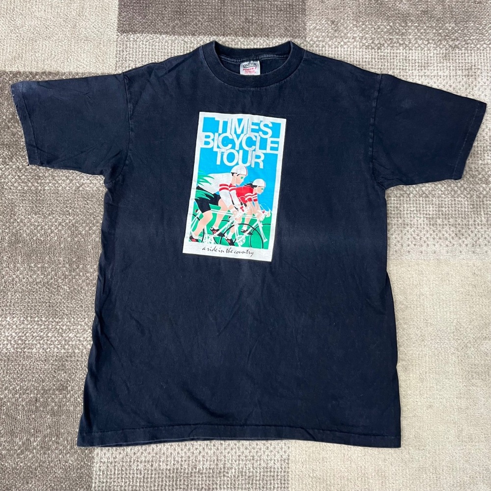 Vintage 1989 Times Bicycle Tour Mens XL Black Oneita‎ Power T Cotton T Shirt USA
